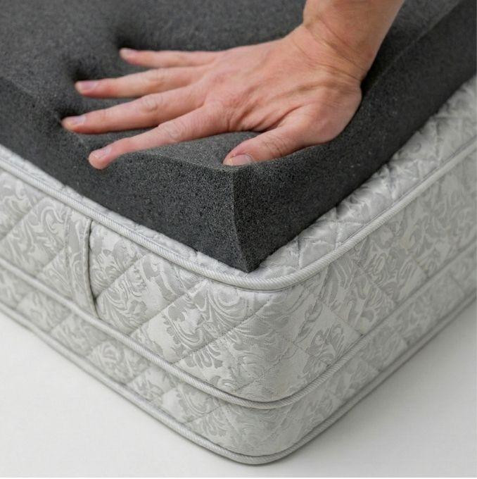Memory Foam Mattress Topper, person pressing hand on soft black memory foam surface on a bed.