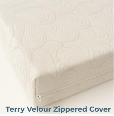 Twin Size Foam Mattress, featuring a light-colored Terry Velour Zippered Cover with a textured swirling pattern.