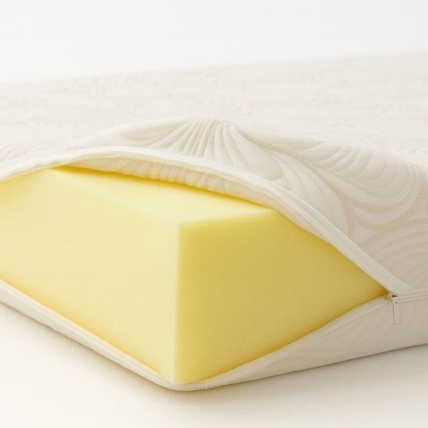 Twin Size Foam Mattress, close-up of the foam mattress inside a white fabric cover with a zipper.