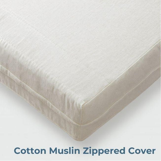 Twin XL Size Foam Mattress, with a cotton muslin zippered cover for durability and comfort.