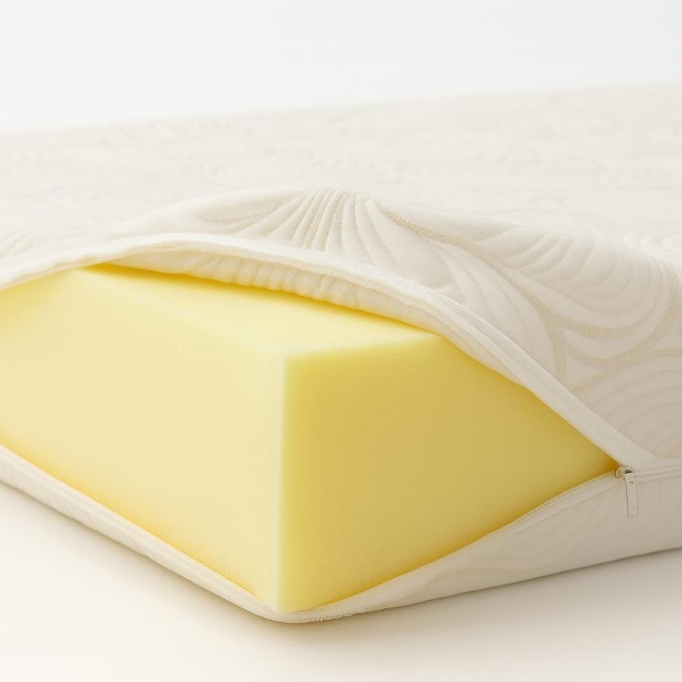 California King Size Foam Mattress, close-up of foam core inside the mattress with a white zippered cover partially opened showing the yellow foam layers.