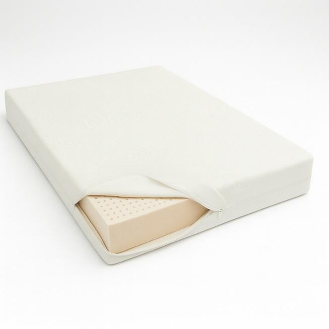 Full XL Size Organic Latex Foam Mattress, partially unzipped to reveal beige latex foam layer inside.