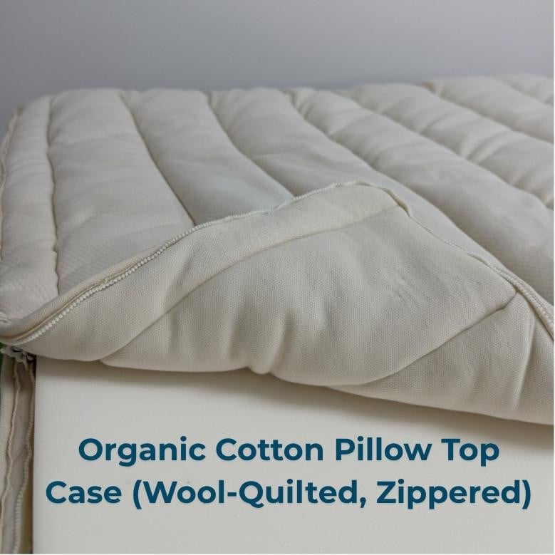 Full XL Size Organic Latex Foam Mattress, close-up of the mattress surface showcasing its textured, quilted surface and organic cotton pillow top case with a zipper.