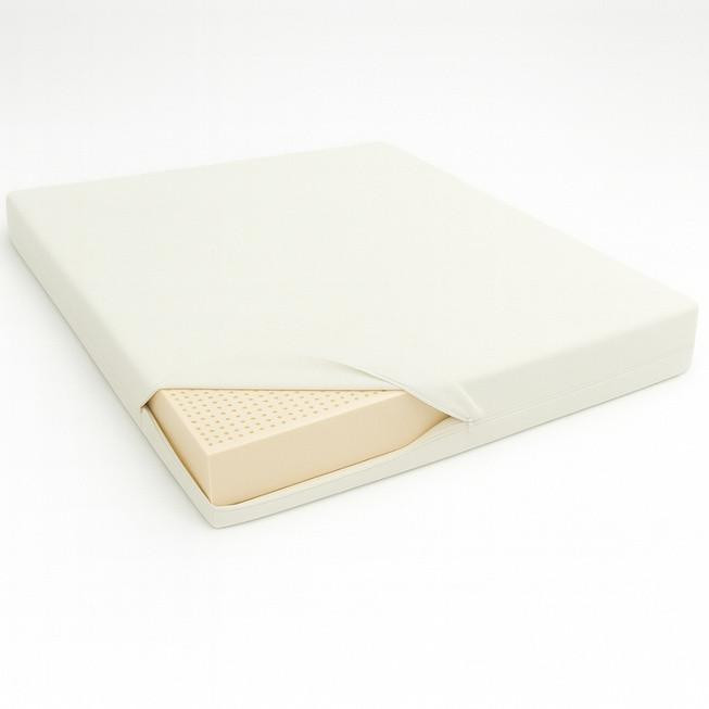 California King Size Organic Latex Foam Mattress, showing the mattress with a layer of latex foam partially exposed beneath a white fitted sheet.