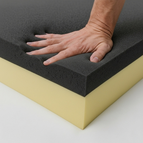 Close-up of hand pressing into high-density memory foam layer demonstrating contouring softness and pressure relief.