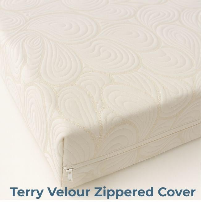 Full XL Size Memory Foam Mattress, featuring a Terry Velour Zippered Cover with an elegant embossed swirl pattern.