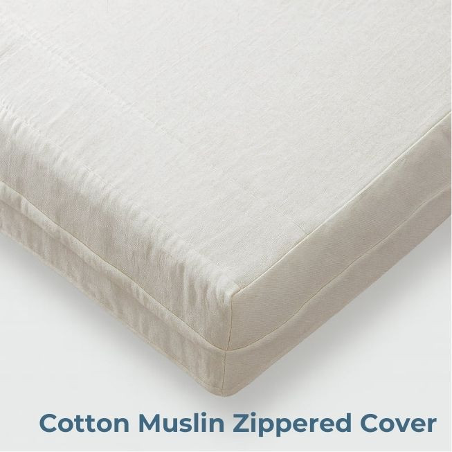 100% cotton muslin zippered cover for king size memory foam mattress, lightweight, breathable, and naturally textured for a crisp feel.