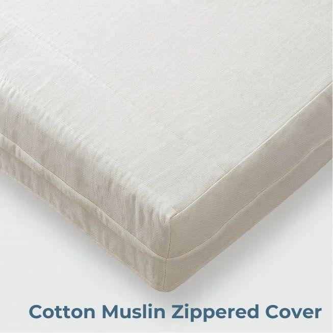 King Size Memory Foam Mattress, close-up view of a white memory foam mattress with a cotton muslin zipper cover.