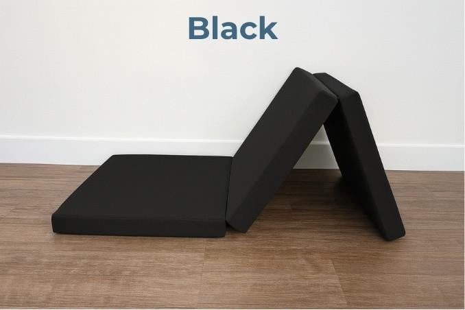 Tri-Fold Foam Mattress, black foam mattress in folded and unfolded positions for portable comfort and versatile use.