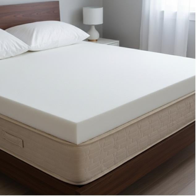 Foam Mattress Topper, white foam mattress topper on a bed with pillows in a bedroom setting.