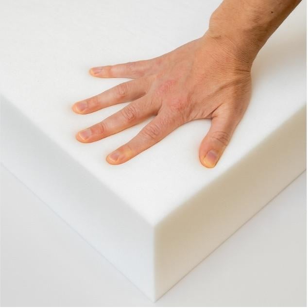 Foam Mattress Topper, hand pressing down on soft, white foam mattress topper for enhanced comfort and support.