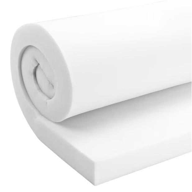 Foam Mattress Topper, a white rolled and flat foam mattress topper for added comfort and support.