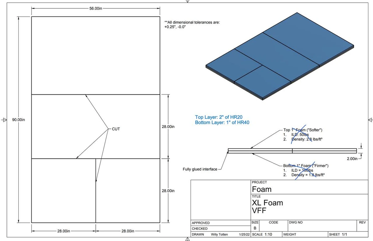 GoFastCamper Mattress Pro XL, technical drawing and specifications for the XL foam mattress with top and bottom layers of different hardness levels and fully glued interface.