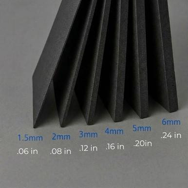 Product 1.5mm Neoprene Sheet, front side made of plain rubber and back side with black nylon, displayed with thickness measurements in inches and millimeters.