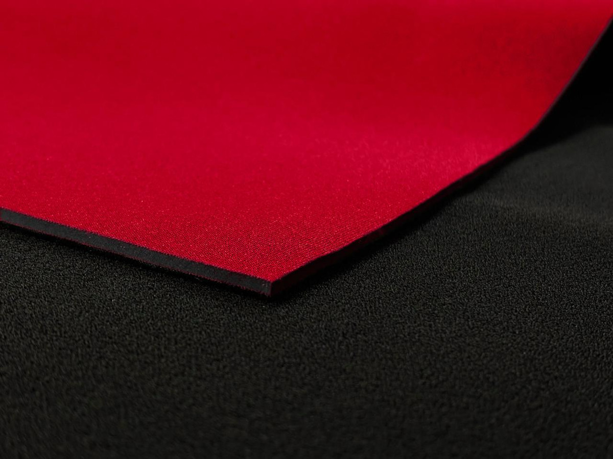 2mm Velcro Compatible Neoprene Sheet, featuring a red front side with Uloop on one side and a black nylon back side.