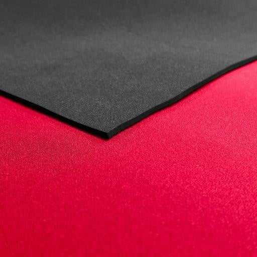 3mm Neoprene Sheet, front side plain black rubber and back side with colored nylon in red, showing flexible and durable material for cushioning and insulation.