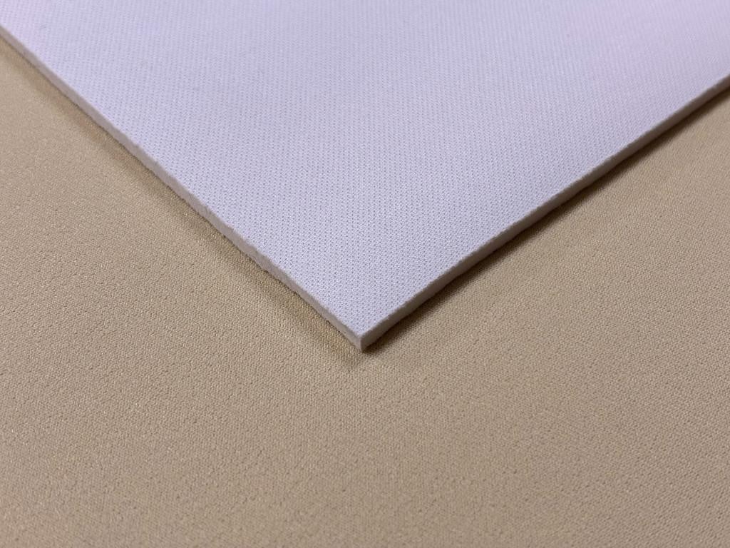 3mm White Neoprene Sheet, front nylon surface with a smooth white finish and back nylon surface, ideal for cushioning and insulation applications.