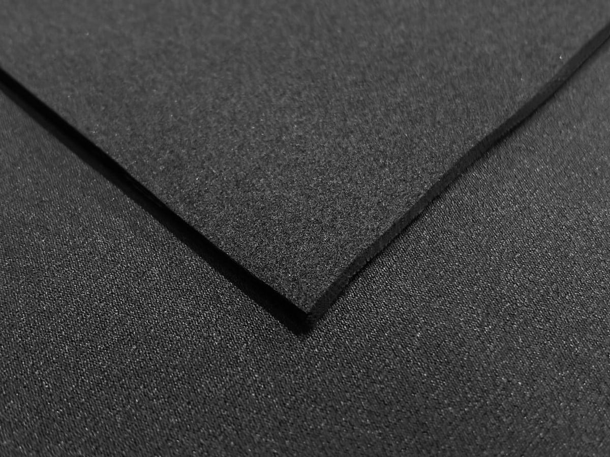4mm Neoprene Sheet, Front: Plain Rubber, Back: Colored Nylon, close-up view of black neoprene rubber sheet showing textured surface and layered construction