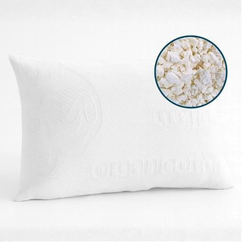 100% Organic Pillow, white pillow made of organic cotton with latex foam filling, eco-friendly sleep comfort.
