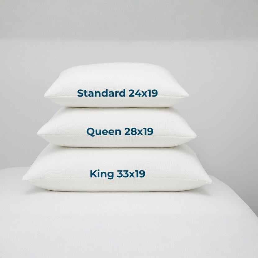 Memory Foam Pillow, organic cotton cover in standard, queen, and king sizes with dimensions 24x19, 28x19, and 33x19 inches respectively.