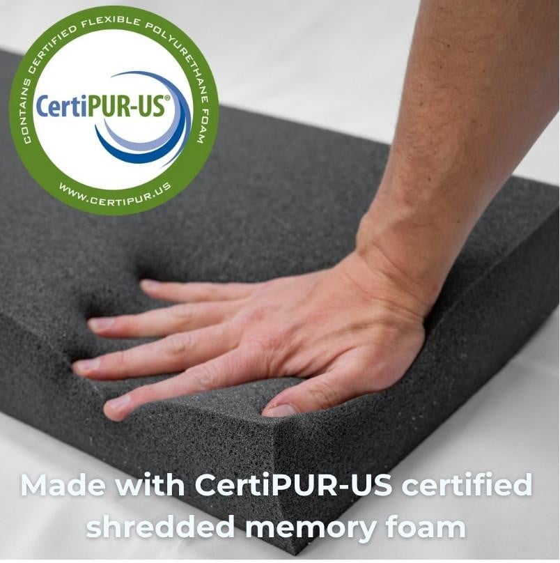Memory Foam Pillow, image showing a hand pressing into the CertiPUR-US certified shredded memory foam pillow with an organic cotton cover.