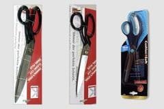 Neoprene Scissors, pair of sturdy scissors with black handles in packaging