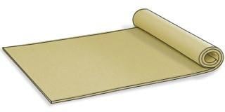 Exercise Yoga and Camping Mat, rolled-up and unrolled in a beige color on a plain background.