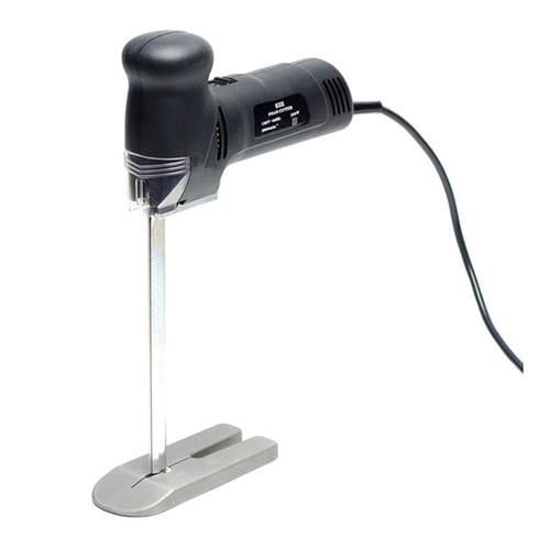 EZE 8" Foam Cutter, black handheld electric foam cutting tool with a long thin heated wire, mounted on a grey stand for precise cutting.