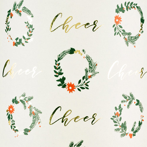 Wreath Cheers Cream Green/Red Metallic and Gold Foil Gift Wrap