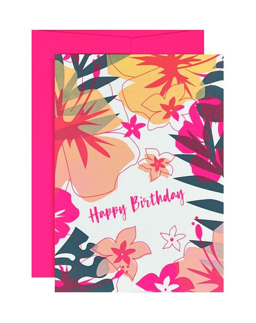Happy Birthday Tropical Neon Pink Card