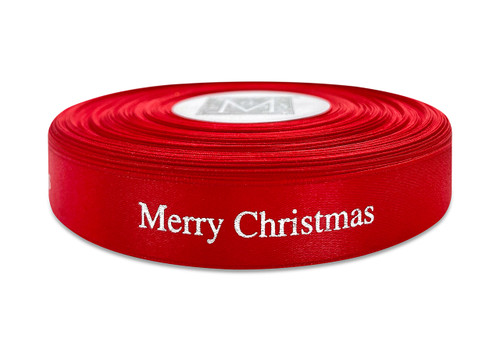 Metallic Silver ink "Merry Christmas" on Red Ribbon - Double Faced Satin Sayings