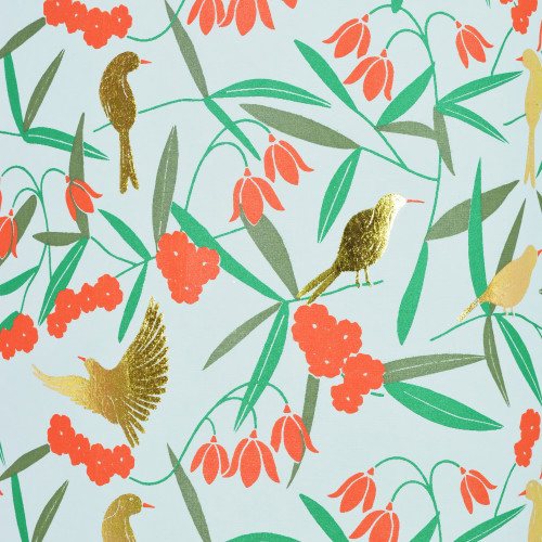 Asian Floral Seafoam/Orange/Green/Gold Foil 