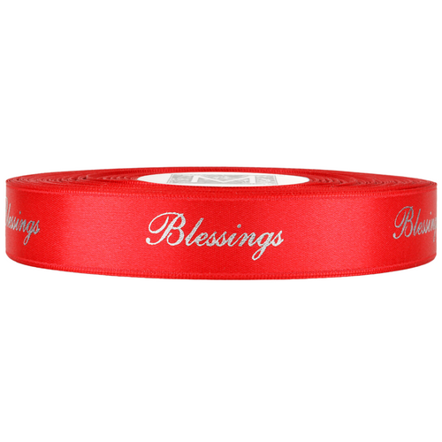 "Blessings" Metallic Silver Ink on Red - Double Faced Satin Sayings