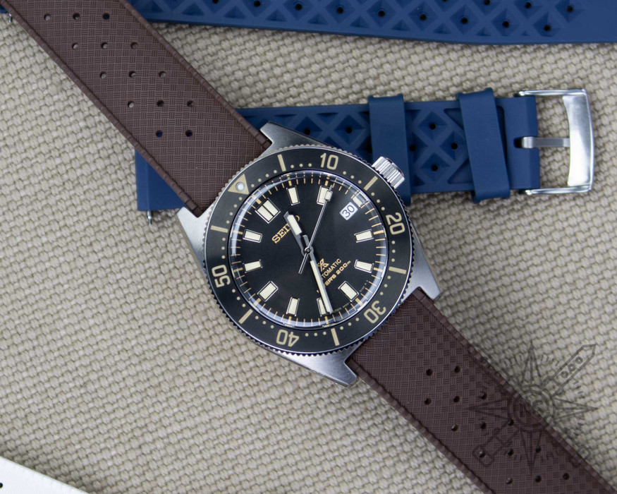 Seiko diver on a brown vintage Tropical Style rubber watch strap