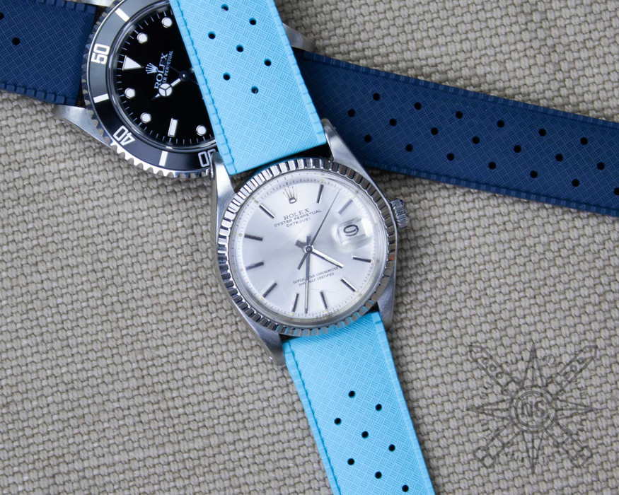 Blue vintage tropical style rubber watch strap on a Rolex Datejust