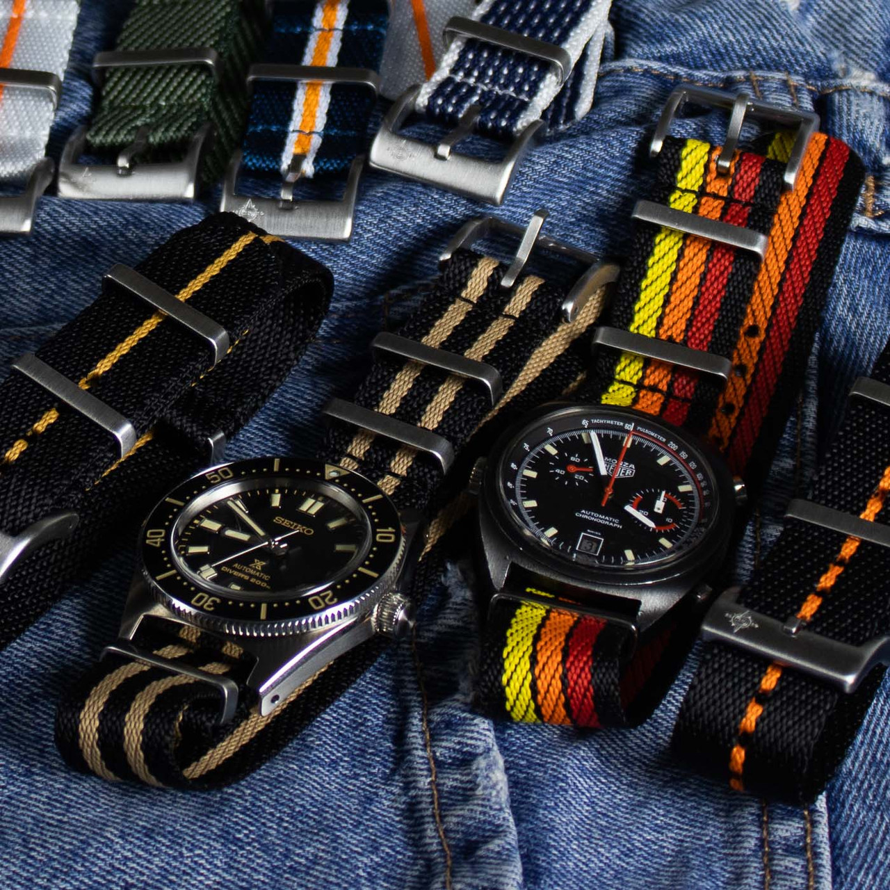 Unisex Black and Gold Nylon Strap Watch Deluxe Black Gold Stripe Nylon Watch Strap | Elegant Touch main image 4