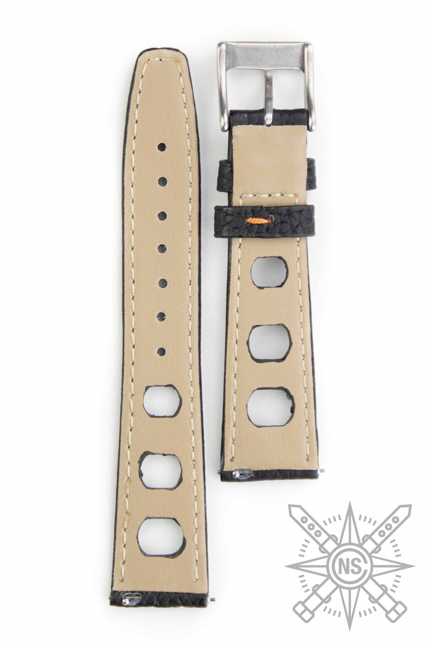 Rally Watch Strap Black Orange Stitching — Full-Grain Calfskin