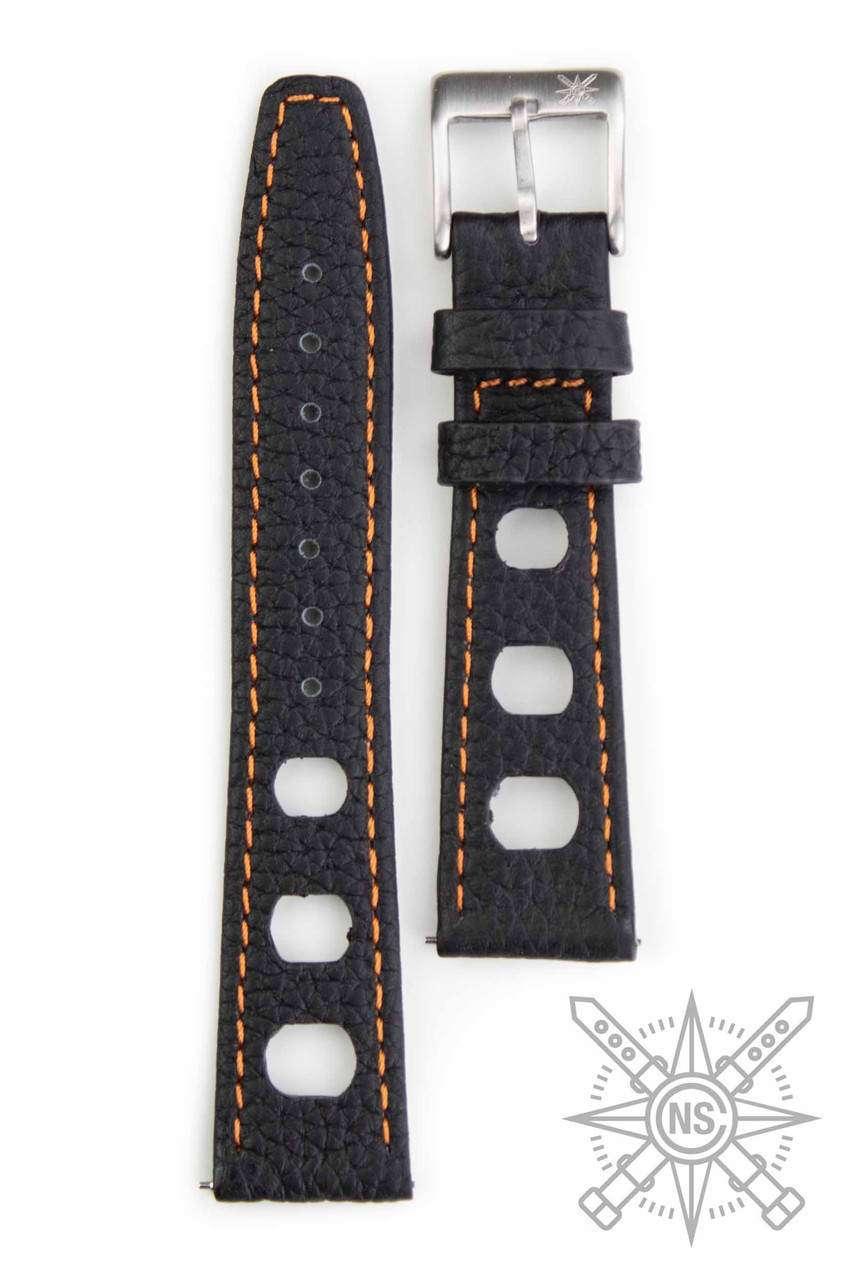 Rally Watch Strap Black Orange Stitching — Full-Grain Calfskin