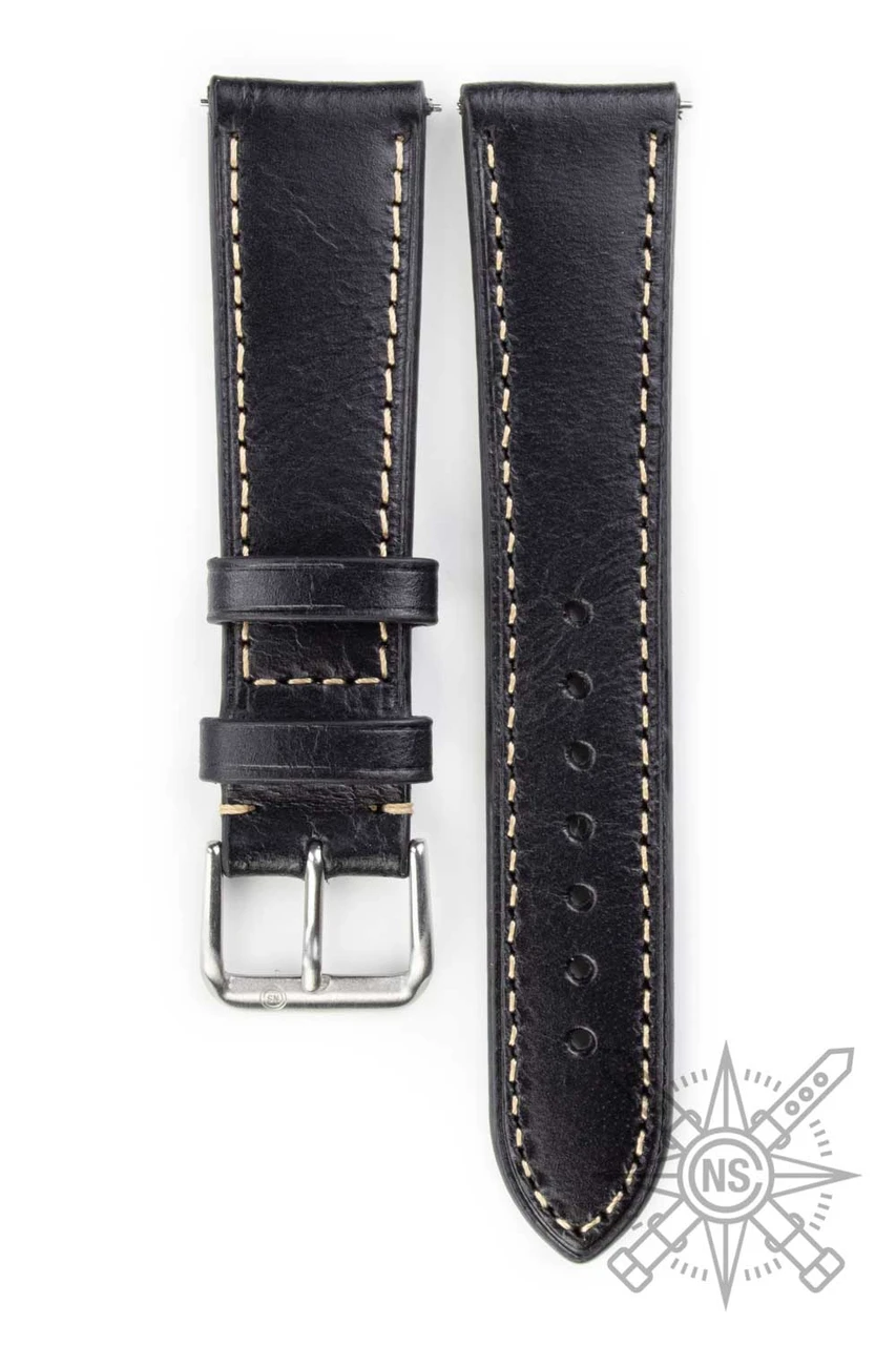 Black Leather Watch Band – Classic White Stitch Strap display picture 3