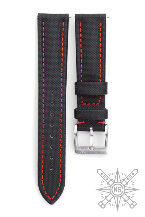 Black sailcloth watch strap with red stitches