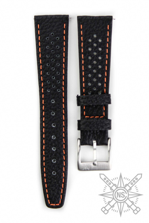 Black racing watch band with orange stitching
