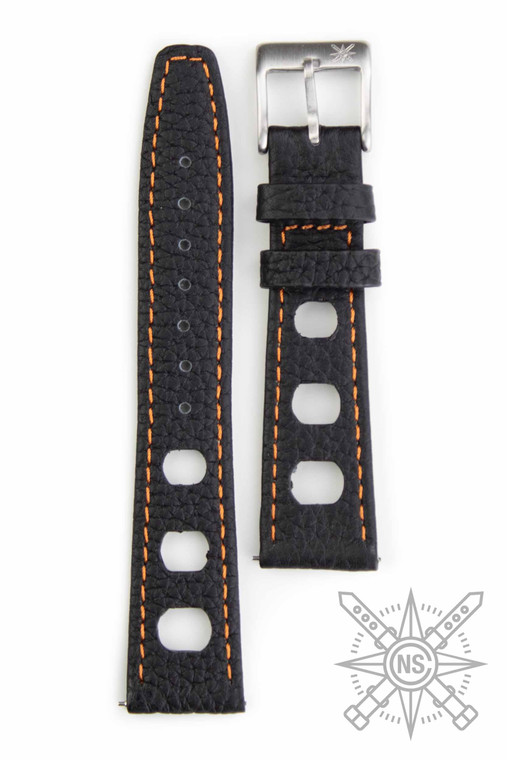 Black rally watch strap with orange stitching