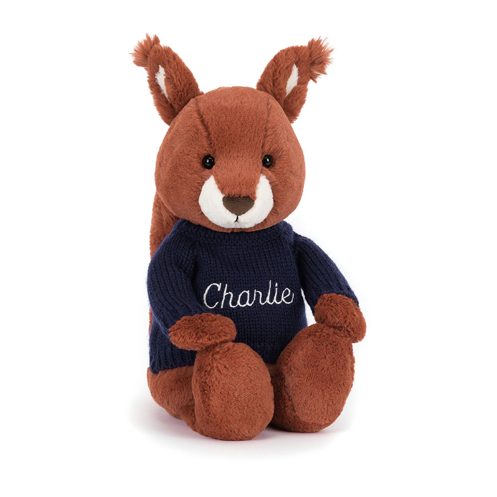 Bashful Squirrel with Personalised Navy Jumper - Official Jellycat