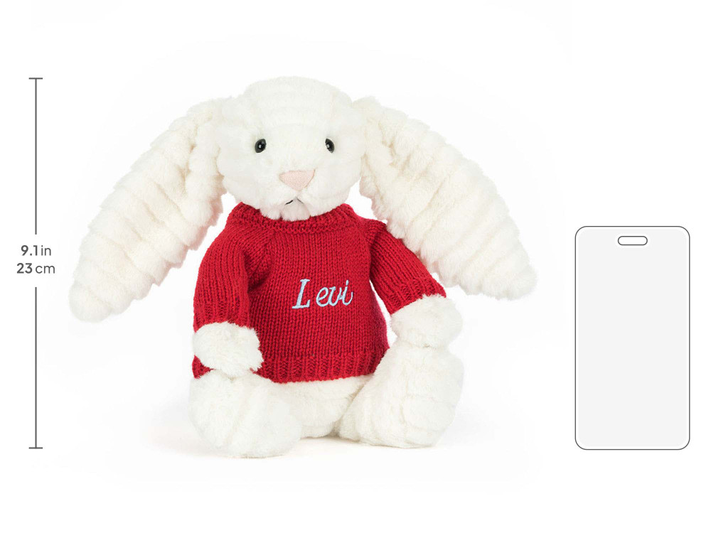 Bashful Luxe Bunny Nimbus with Personalized Red Jumper, size chart