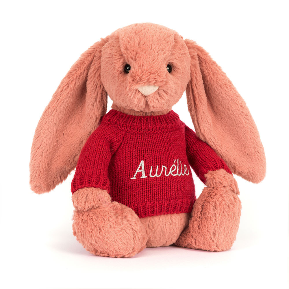 Bashful Sorrel Bunny with Personalised Red Jumper - Official Jellycat