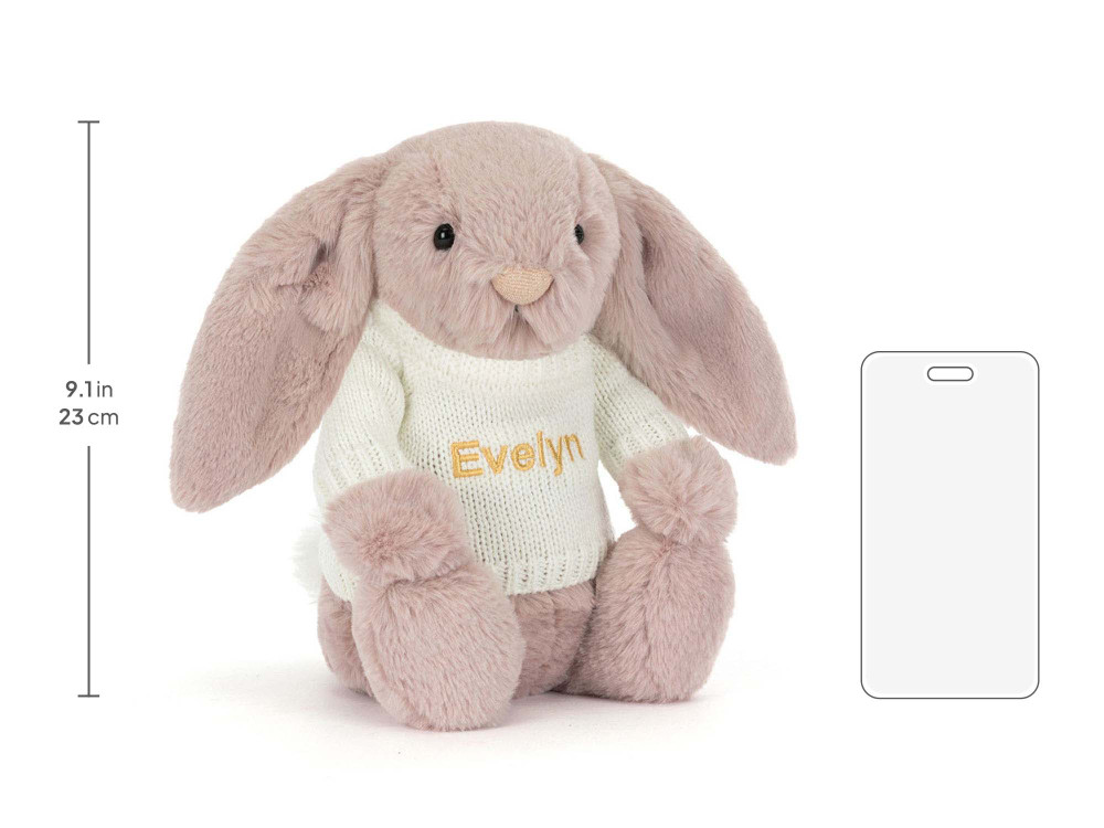Bashful Luxe Bunny Rosa with Personalized Cream Jumper, size chart