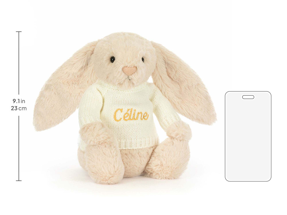 Bashful Luxe Bunny Willow with Personalized Cream Jumper, size chart