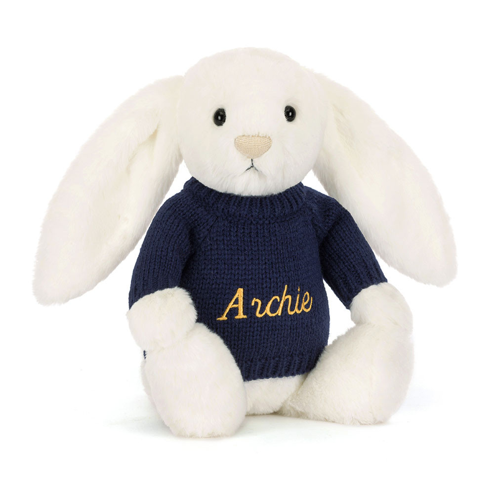 Bashful Luxe Bunny Luna with Personalised Navy Jumper, Main View