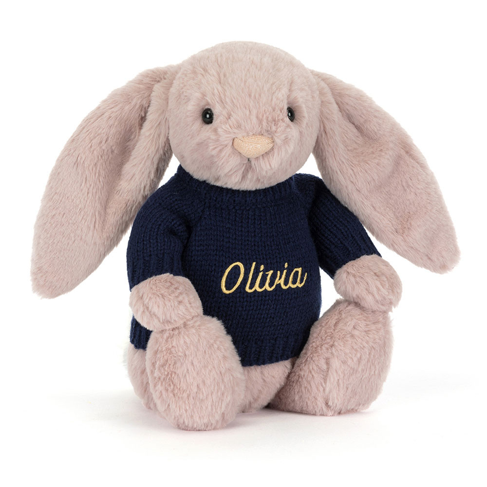 Bashful Luxe Bunny Rosa with Personalised Navy Jumper, Main View