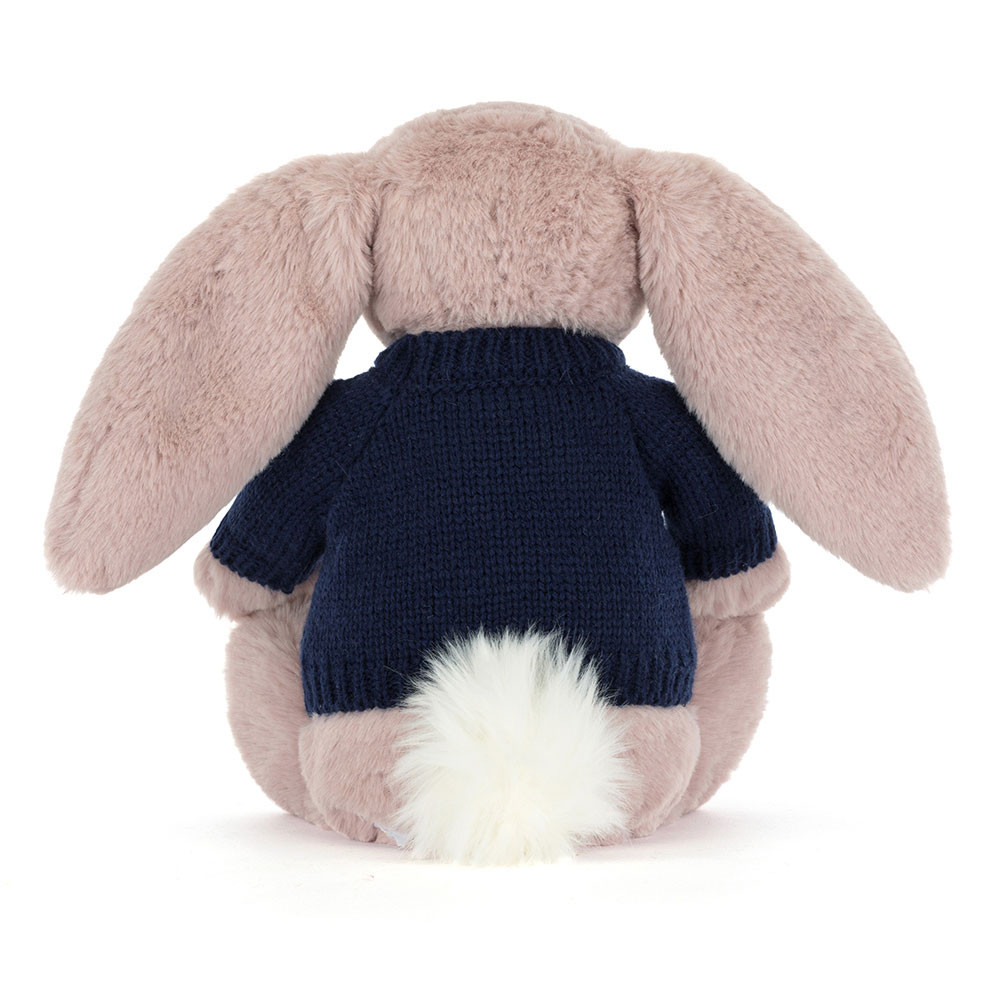 Bashful Luxe Bunny Rosa with Personalised Navy Jumper, View 4
